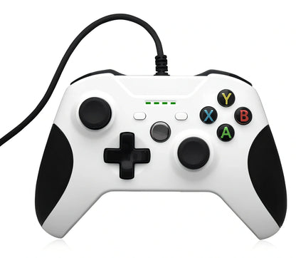 White Xbox One wired USB game controller with ergonomic grips and 2.5m cable on plain background