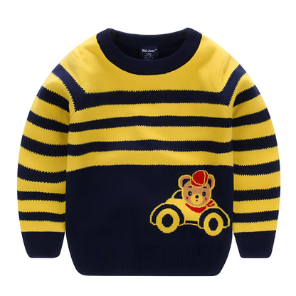 Children's Korean style cartoon pullover sweater in bear green, size 120cm, long sleeves, enzyme washed soft fabric for ages 3-8