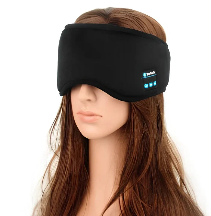 Black wireless Bluetooth eye mask with built-in headphones, 22cm length, for sleep and music playback