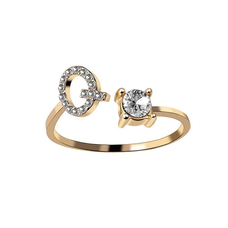 Elegant 26-letter adjustable initial ring in gold, silver, and rose gold finishes