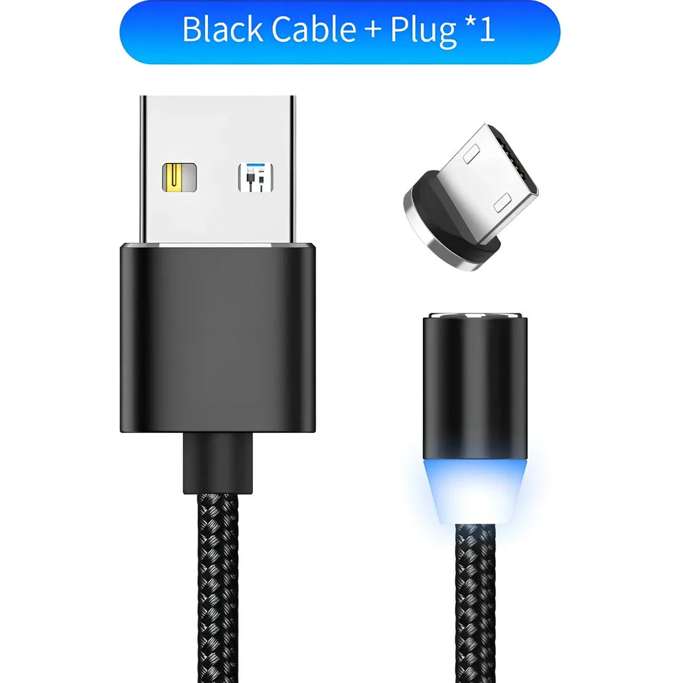 YBD 1m black magnetic LED charging cable with three-in-one plugs for iPhone and Android, showing N52 magnet connection