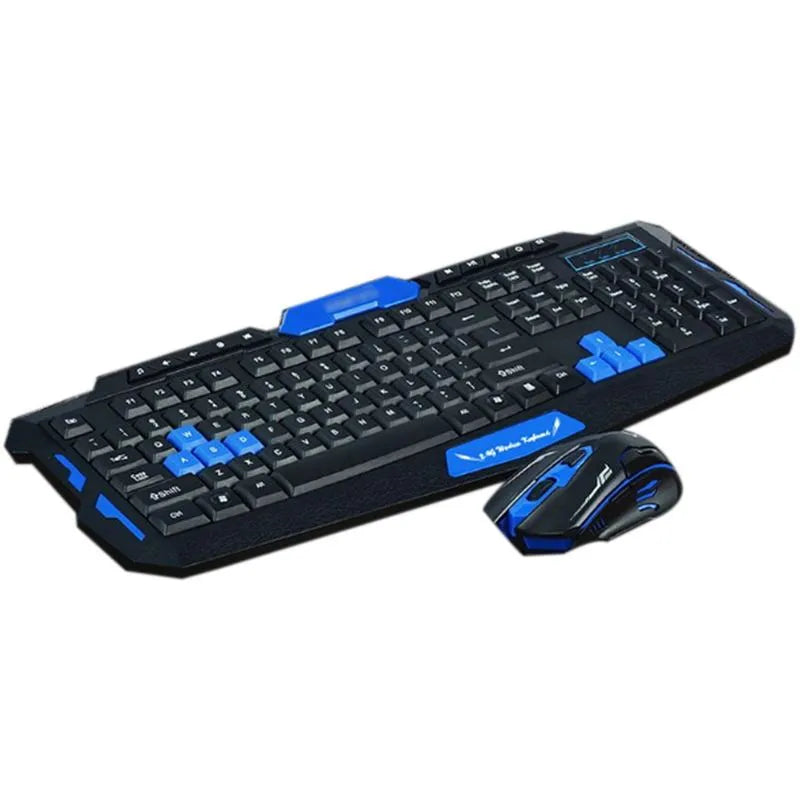 Blue and black wireless keyboard and mouse set on a desk, showing the low-profile keyboard and ergonomic mouse.