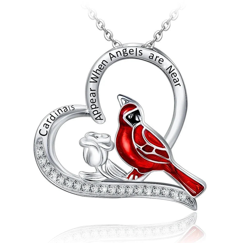 Heart shaped cardinal pendant necklace with silver water wave chain