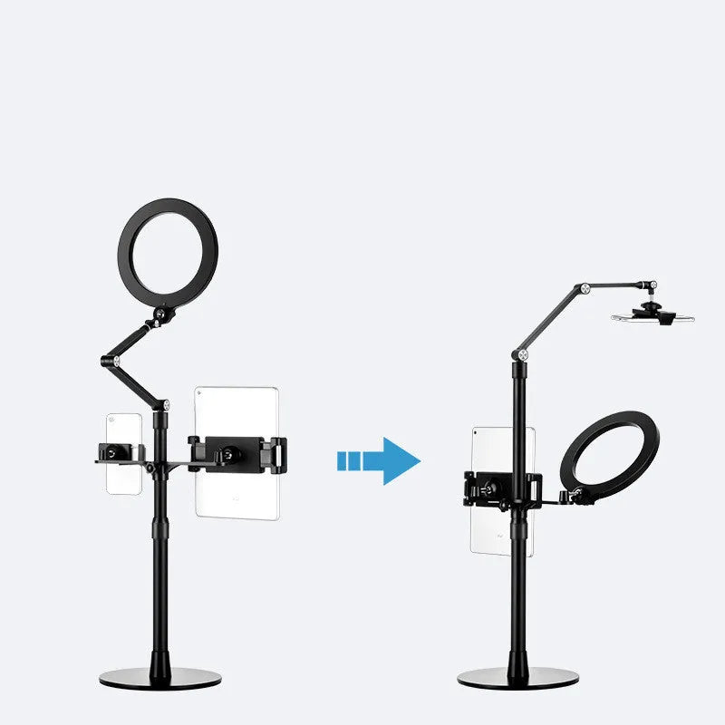 Black floor-standing phone tablet stand with two LED fill lights in vertical folded position