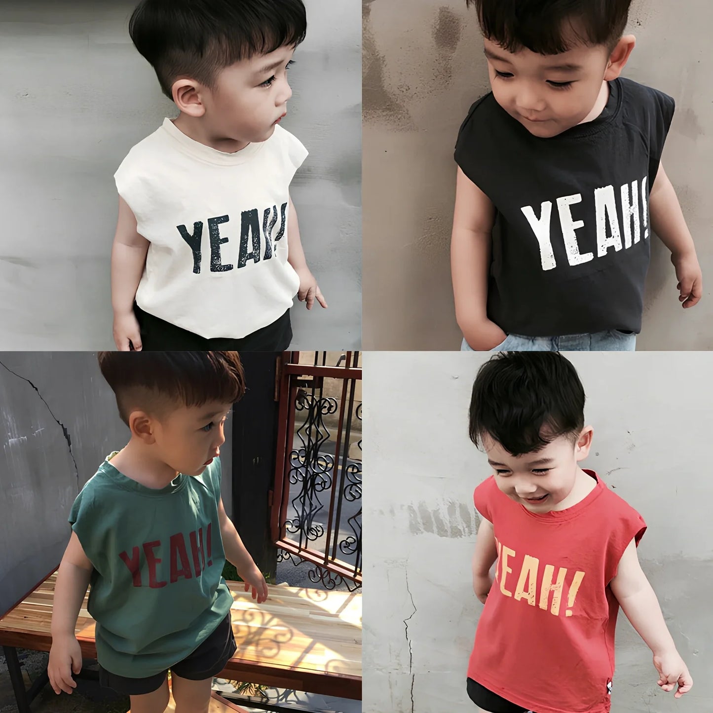 Children's sleeveless cotton t-shirt in army green with letter print, size 100 for 90-100cm height, bust 68cm