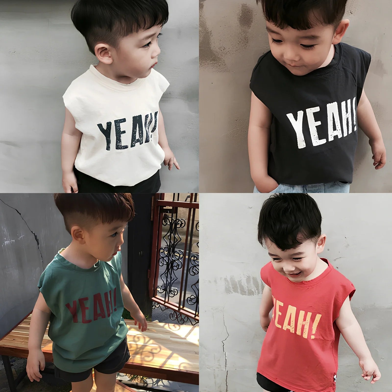 Children's sleeveless cotton t-shirt in army green with letter print, size 100 for 90-100cm height, bust 68cm
