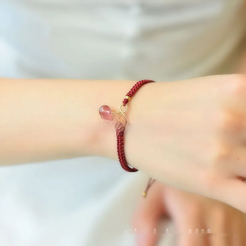 Natural strawberry quartz cherry bracelet for women with crystal beads and adjustable closure