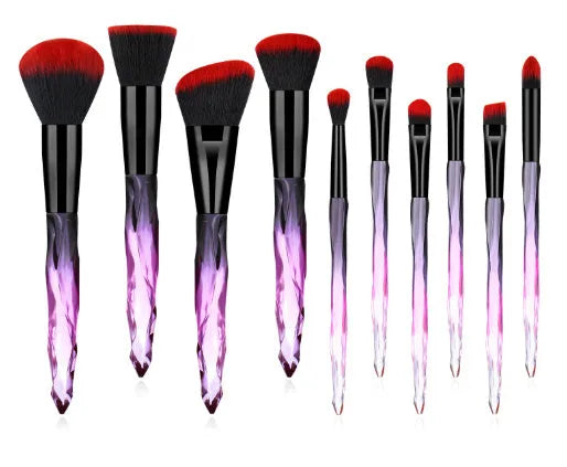 10 clear crystal foundation brushes with diamond shank handles and artificial fibre bristles.