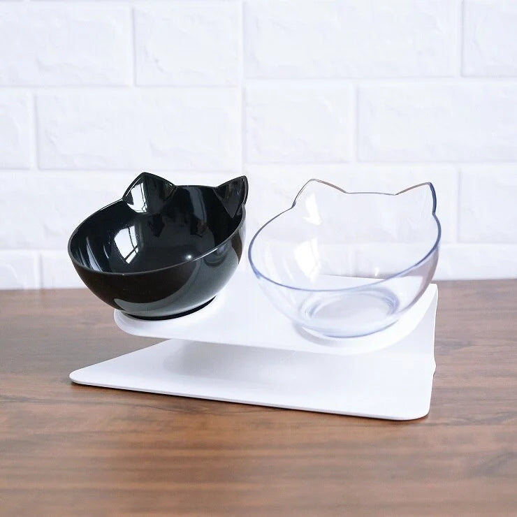 Cat Double Bowl with 15° tilt design for cervical support, transparent cat head and ears, food-grade plastic