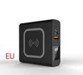 Black Super QI wireless power bank with integrated international plug adapters showing PD20W fast charging port.