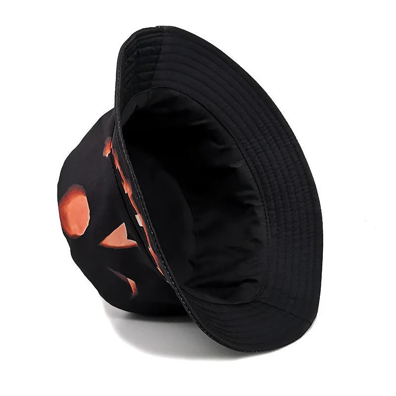 Pumpkin-themed fisherman hat with a flat top design and sun-protective features, perfect for Halloween and autumn activities