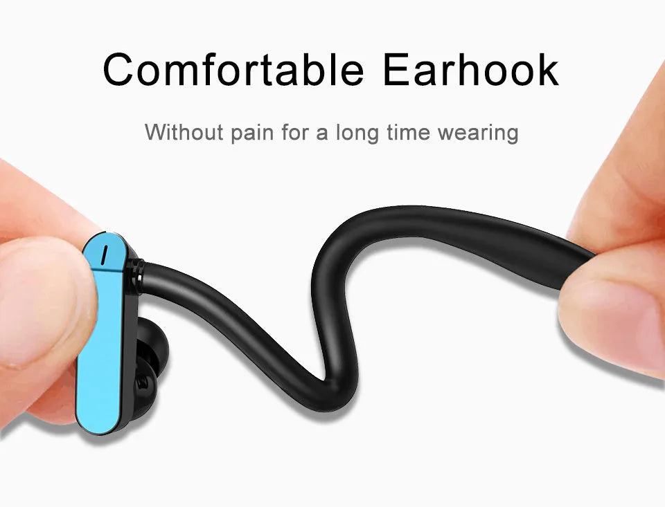 Black and blue universal sport earphone with flexible silicone ear hooks and gel earbuds, showing the 3.5mm jack.