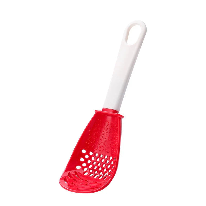 Multifunctional slotted spoon for grinding and cooking in red and black