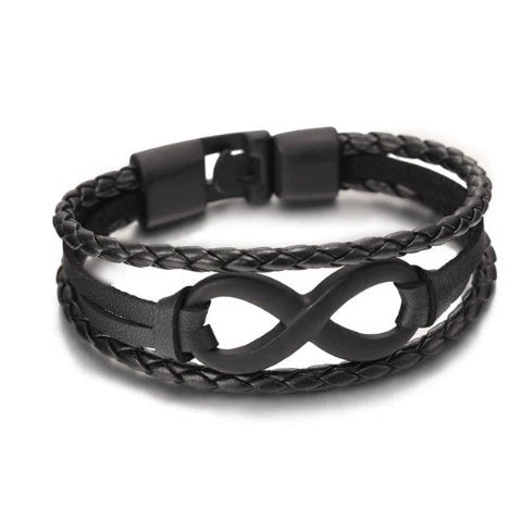 Lucky figure 8 leather bracelet in geometric design available in black, brown, and black with accessories