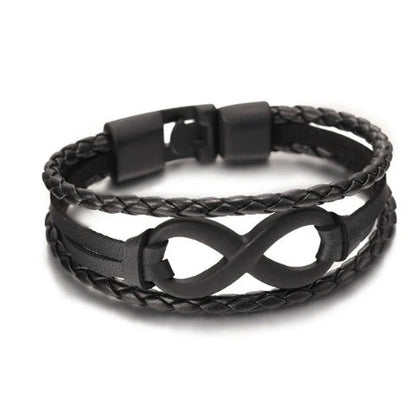 Lucky figure 8 leather bracelet in geometric design available in black, brown, and black with accessories