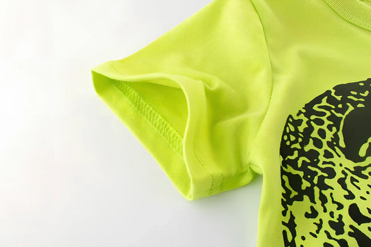 Boys green cartoon print cotton short sleeve T-shirt, size 110cm, soft fabric for ages 3-8 summer wear