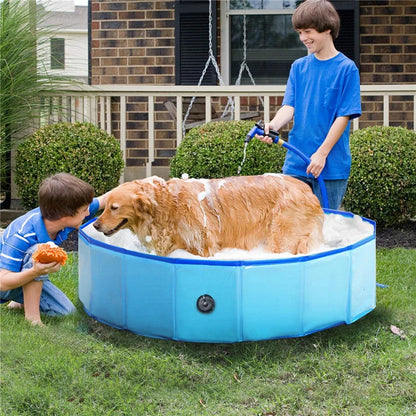 Collapsible dog pool in blue water pattern and red sea wave designs, perfect for pets and kids