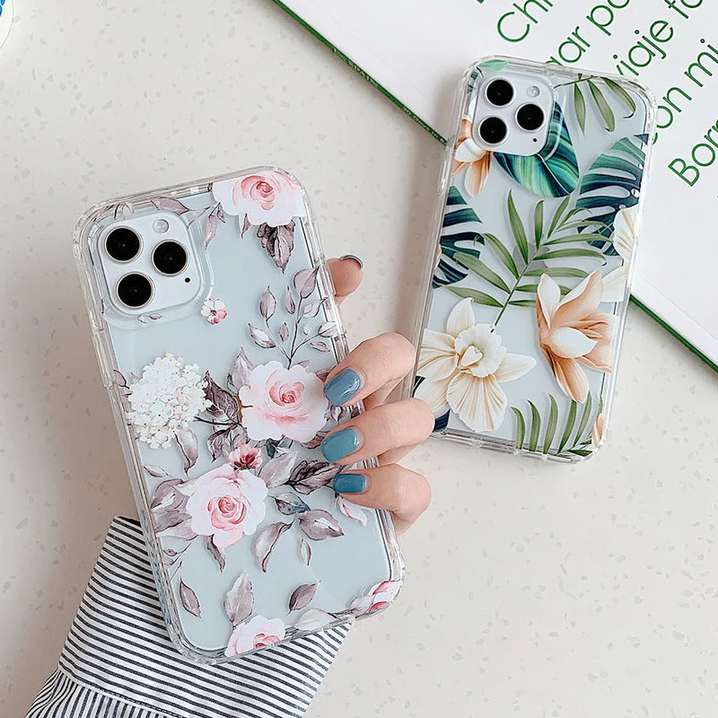 Silicone mobile phone case with banana leaf watercolour floral patterns protects against dust, scratches, and impact damage for Apple iPhone models with precise cutouts and electroplated accents