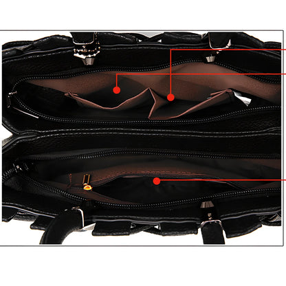 Women's black PU leather shoulder handbag showing four internal organisational compartments and adjustable strap