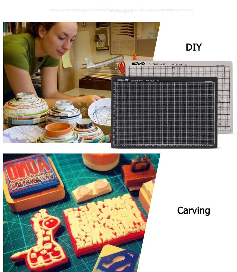 Green self-healing A3 cutting mat with centimetre grid lines on a wooden desk.