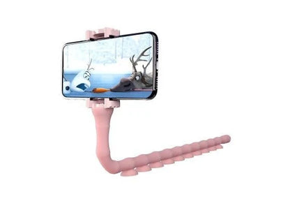 Flexible phone holder with suction cup for desktops and bicycles in black, pink, and clear green