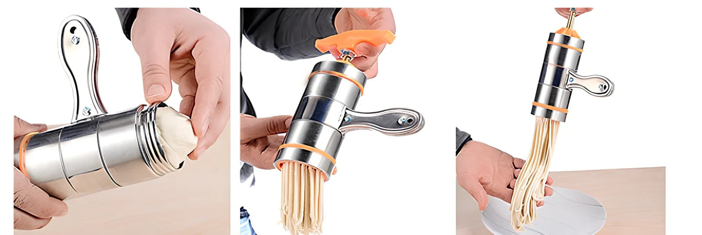 Small stainless steel pasta machine with seven mould attachments for home use