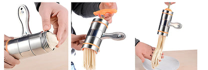 Small stainless steel pasta machine with seven mould attachments for home use
