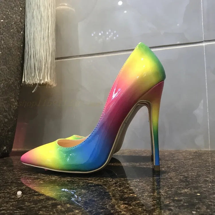 Rainbow patent leather women's ultra-high heel shoes with pointed toe and thin heel.