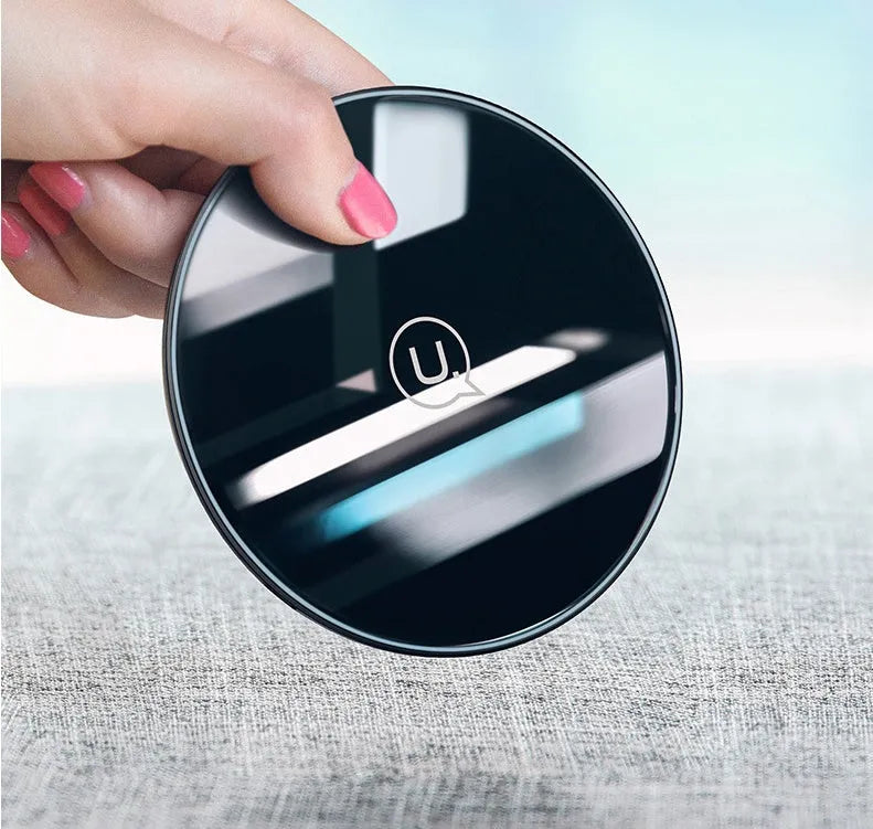 Glass wireless charging disc with LED indicator in black and white options