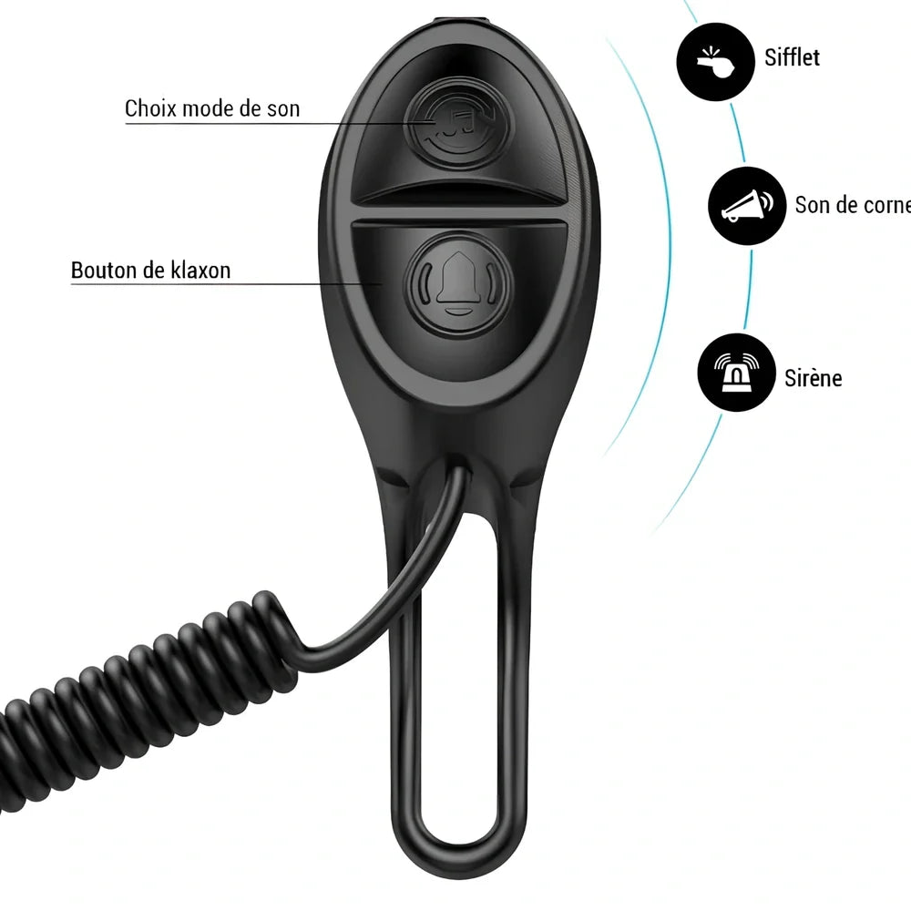 Compact black TWOOC T-002 bicycle electronic horn with wired switch, 110-120dB sound modes, mounted on handlebar via rubber strap