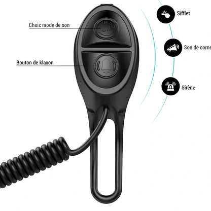 Compact black TWOOC T-002 bicycle electronic horn with wired switch, 110-120dB sound modes, mounted on handlebar via rubber strap