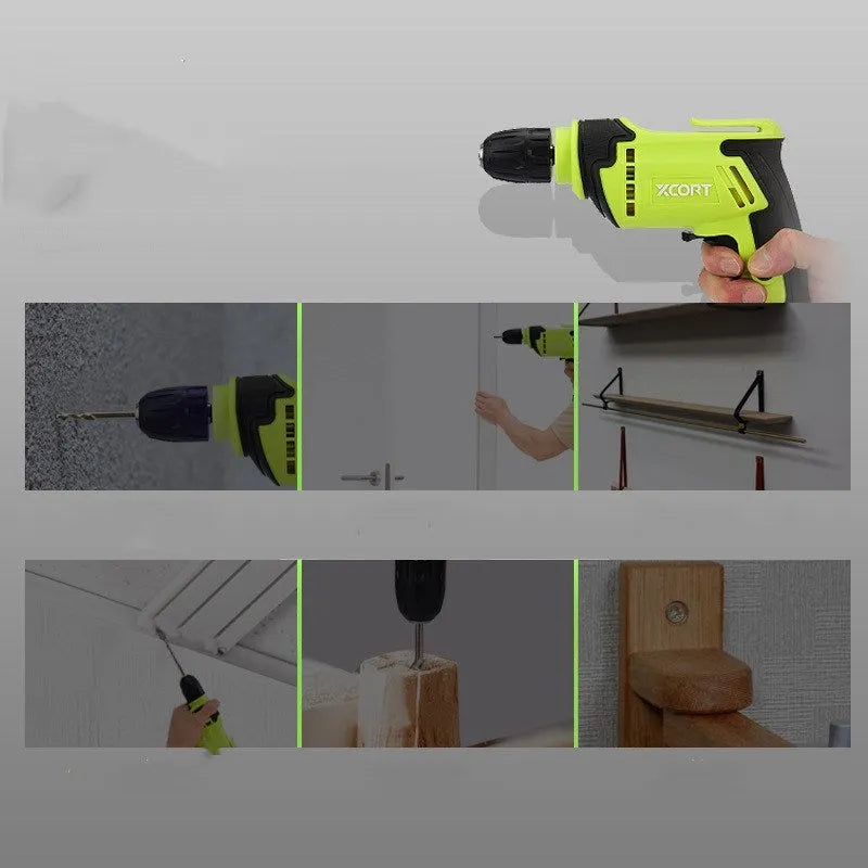 A black pistol-grip electric hand drill with a 10mm chuck, shown on a workbench.