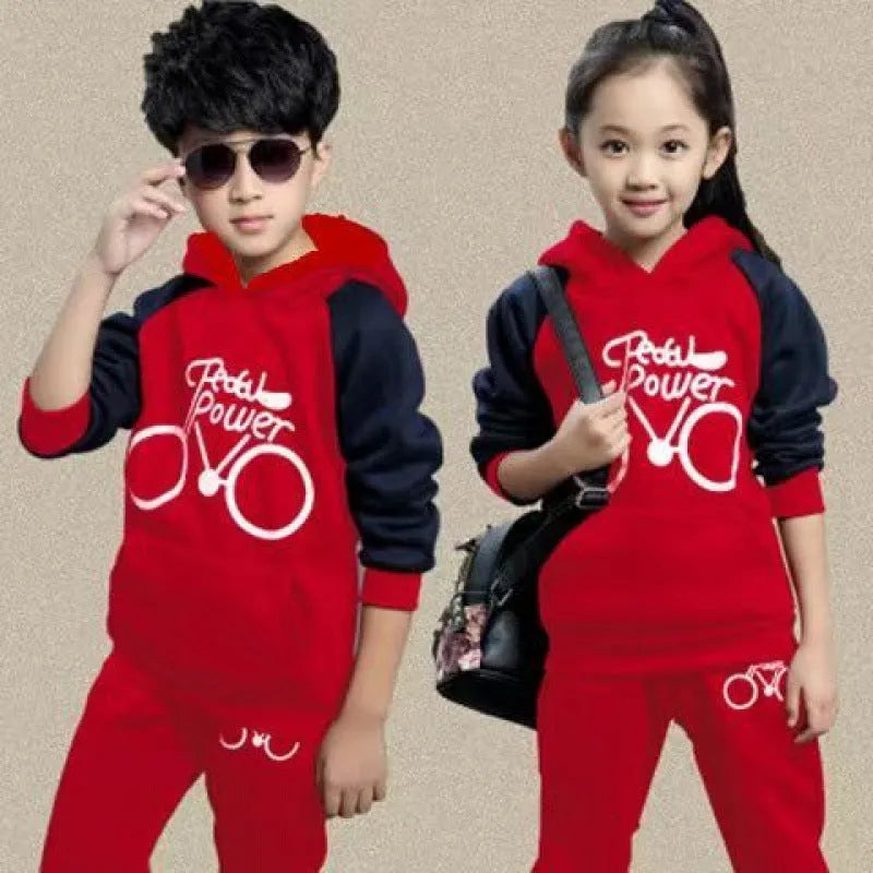 Korean style kids sweat suit two-piece set in black, red, or red wine colour.