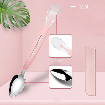 Stainless steel sawtooth scraping spoon for grapefruit and desserts in sky blue, cherry pink, and mint green