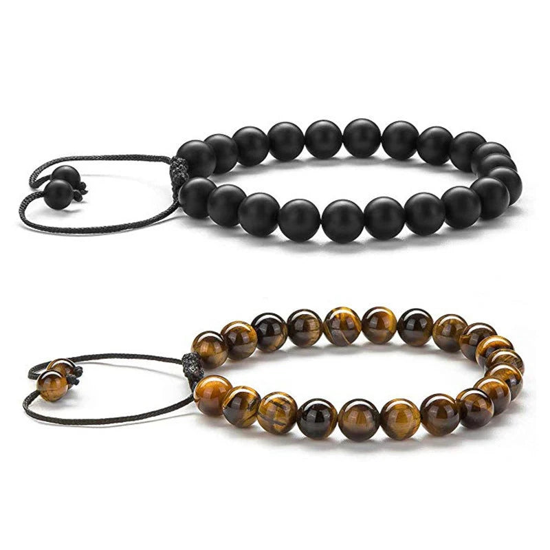 Tiger Eye Couple Bracelets with matte black agate beads, modern geometry design
