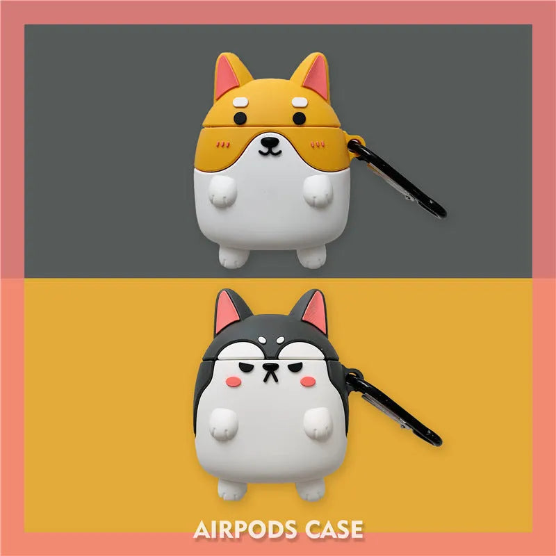 Grey silicone clamshell AirPods case cover with standing Shiba Inu dog design and hook, compatible with AirPods 1st and 2nd generation