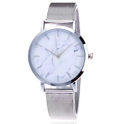 Vansvar women's quartz watch with black marble dial, silver mesh steel band, 3.9 cm diameter, slim 0.9 cm thick for casual wear