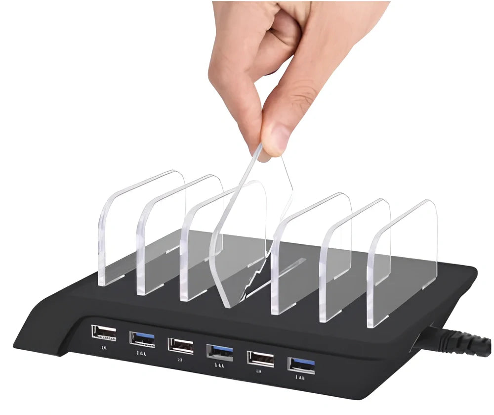 Six-port USB mobile phone charging stand with black finish showing six device slots and 150cm power cord
