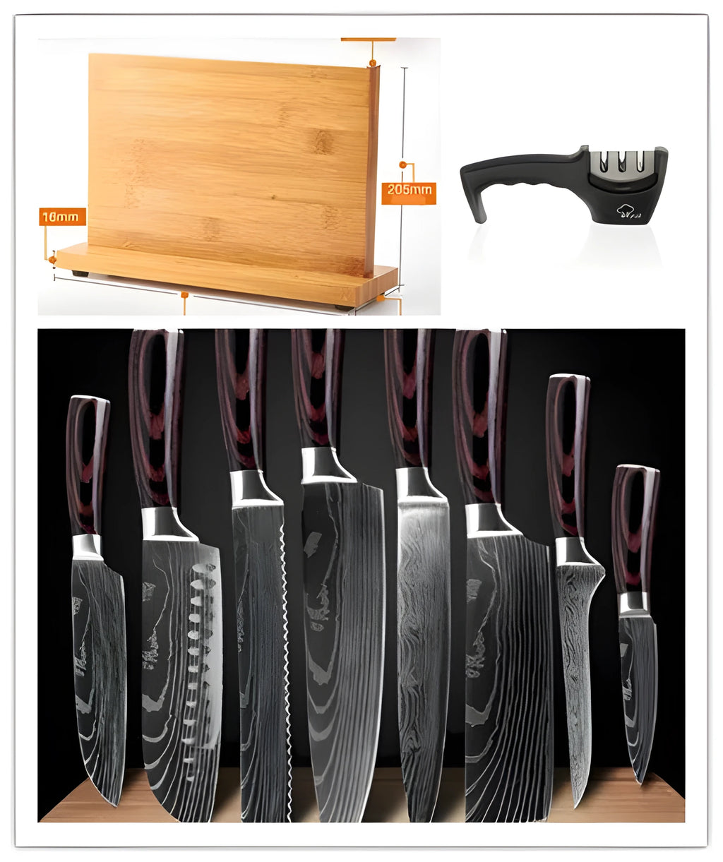 8-piece kitchen knife set showing chef knife, Japanese style blades, boning knife and fruit peel knife with measured blade lengths