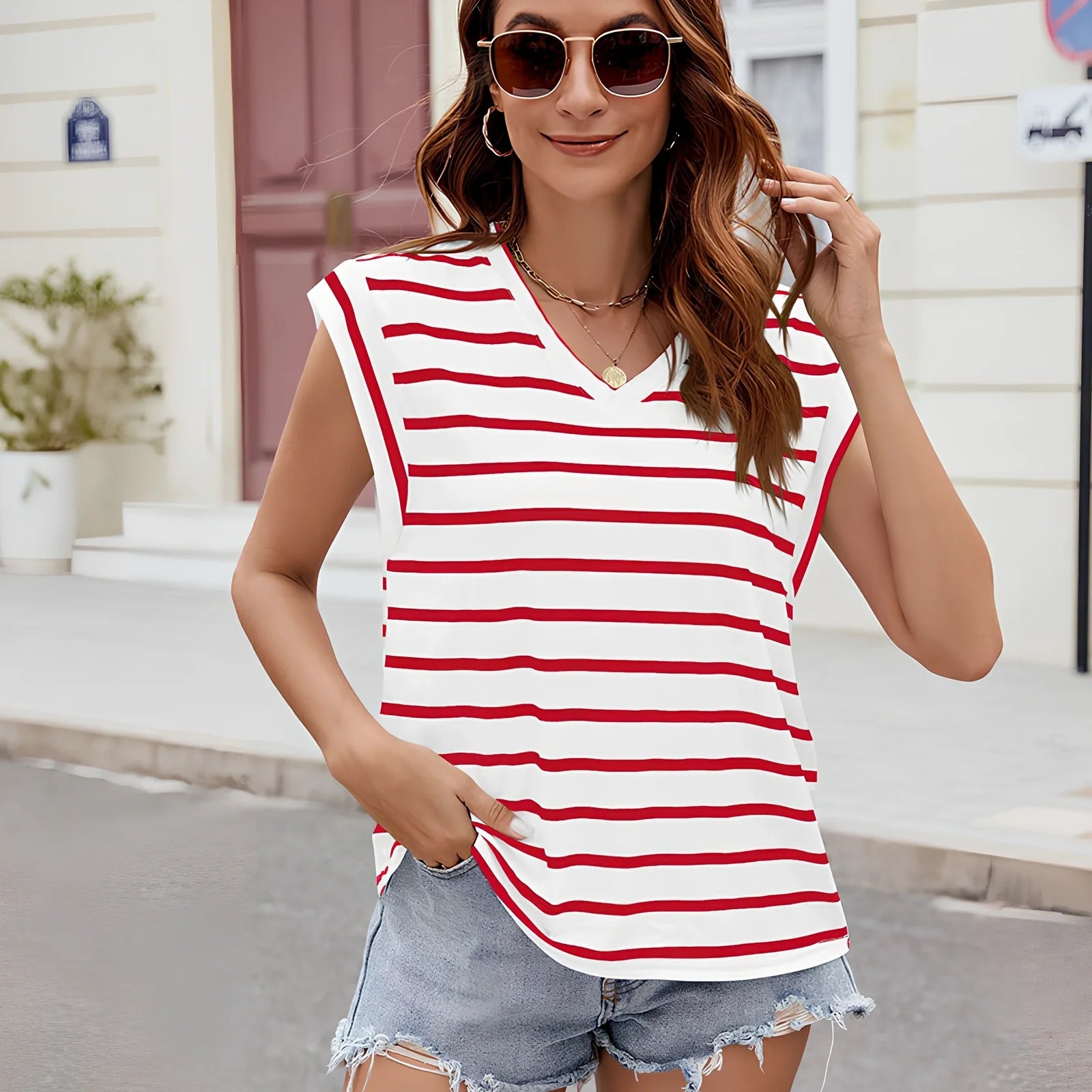 Women's striped V-neck short-sleeve t-shirt in loose fit with breathable cotton-polyester blend fabric