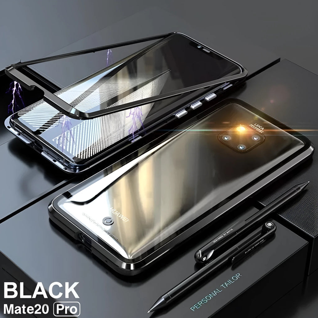 Black magnetic aluminium phone case with clear tempered glass back for Huawei P30 Pro