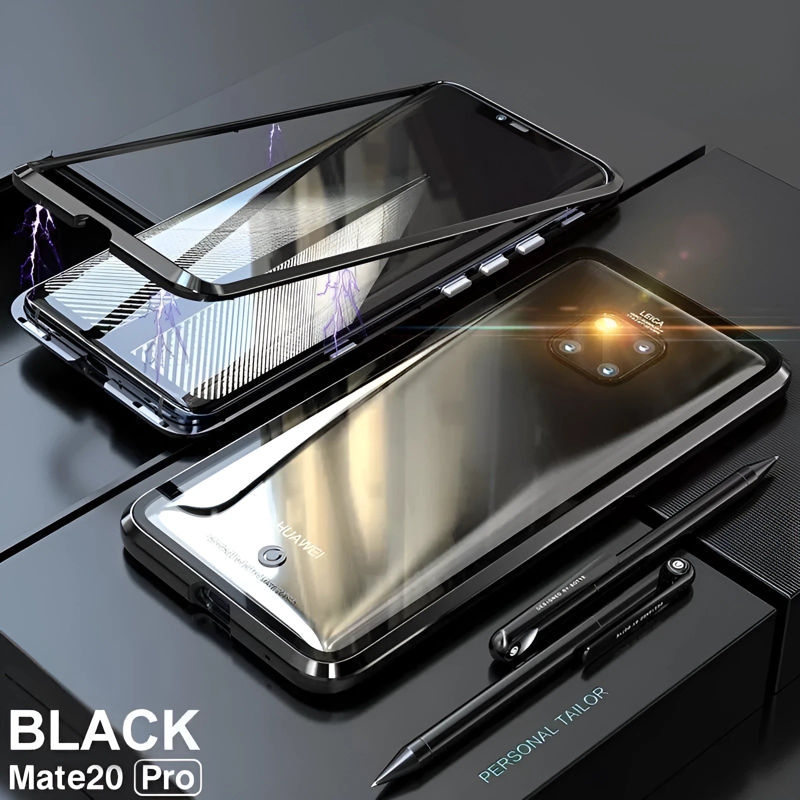 Black magnetic aluminium phone case with clear tempered glass back for Huawei P30 Pro