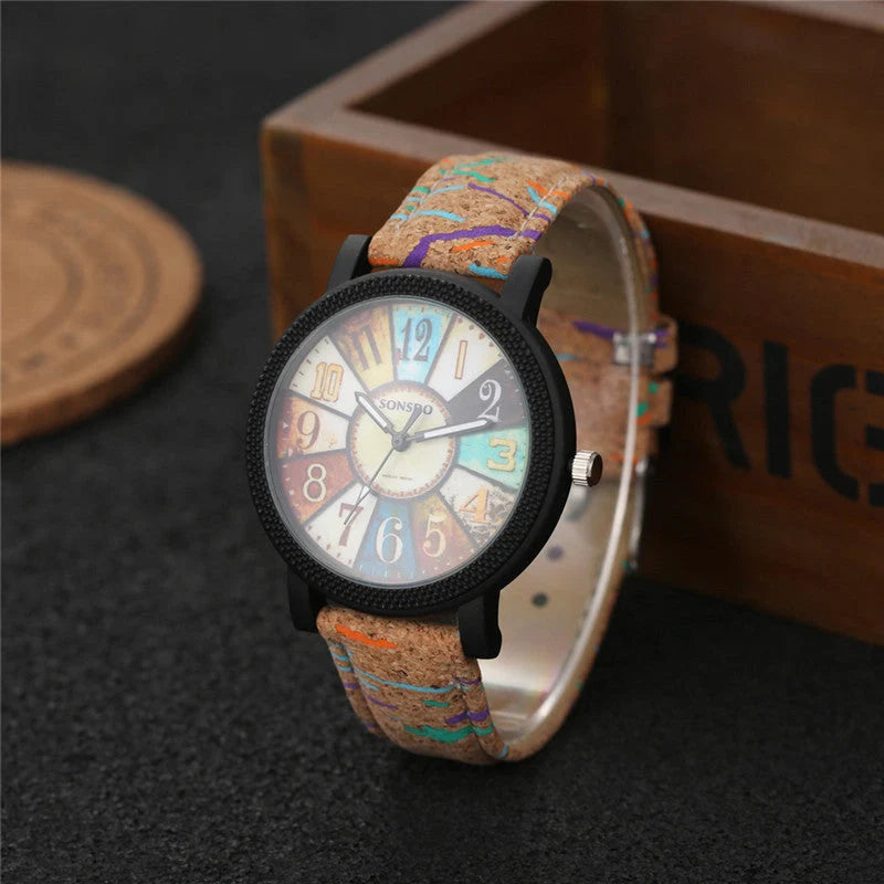 Casual vintage leather women's quartz wrist watch with round dial and stainless steel buckle