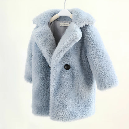 Children's cashmere fur coat in beige colour with suit collar and long sleeves for winter wear