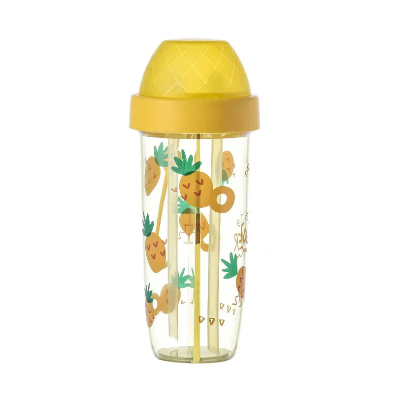 Double straw water cup with leak-proof design and cartoon patterns