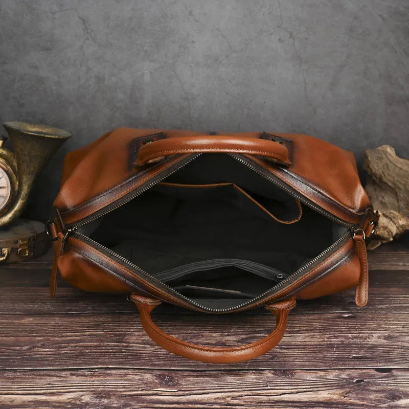 Women's retro large-capacity genuine leather handbag in brown with single shoulder strap and horizontal square shape