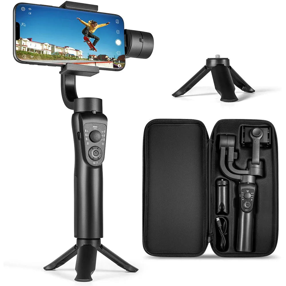 Black three-axis handheld gimbal stabilizer for mobile phones showing dimensions and construction
