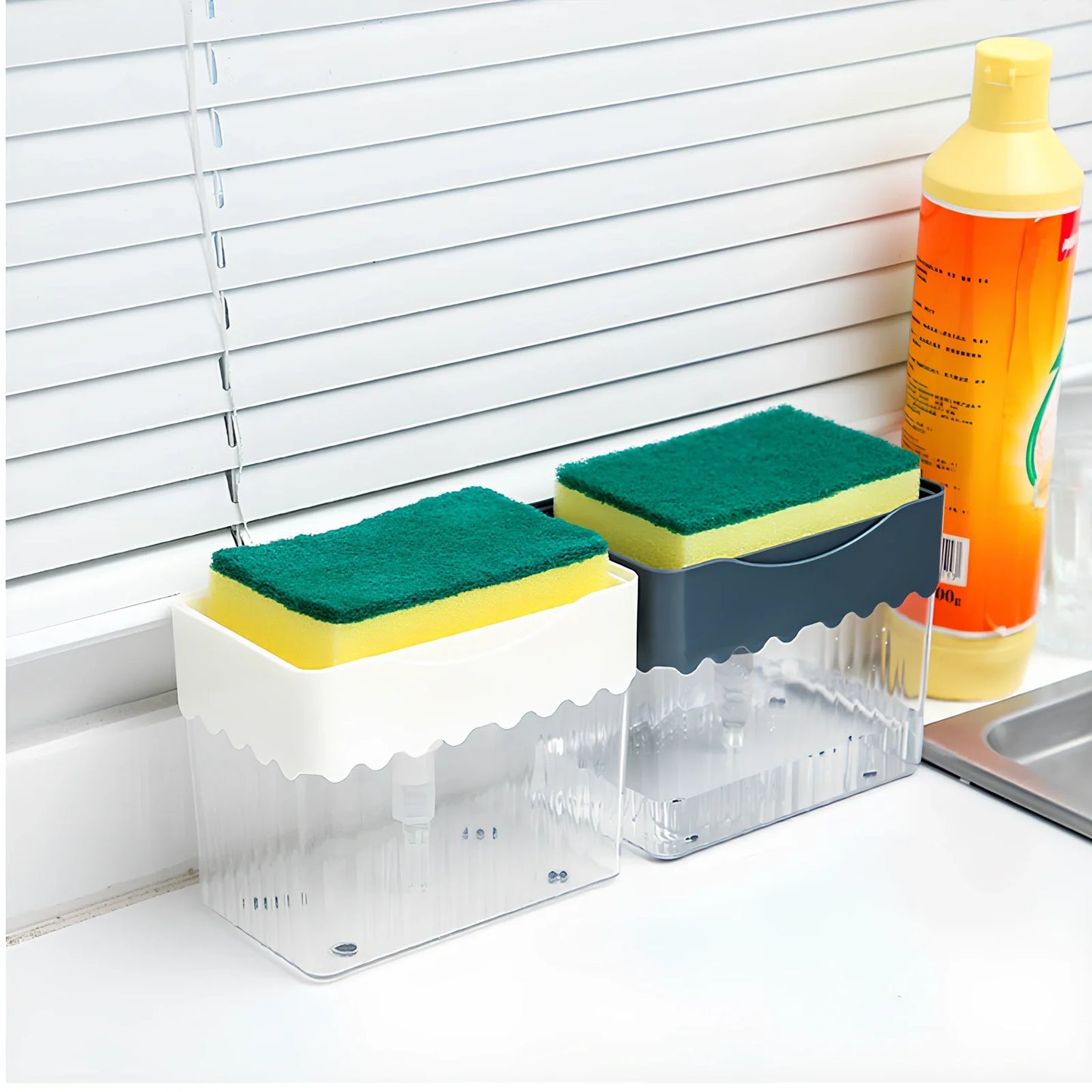 Dark blue 2-in-1 soap dispenser and sponge caddy unit on kitchen counter with measuring tape showing 13.5cm diameter