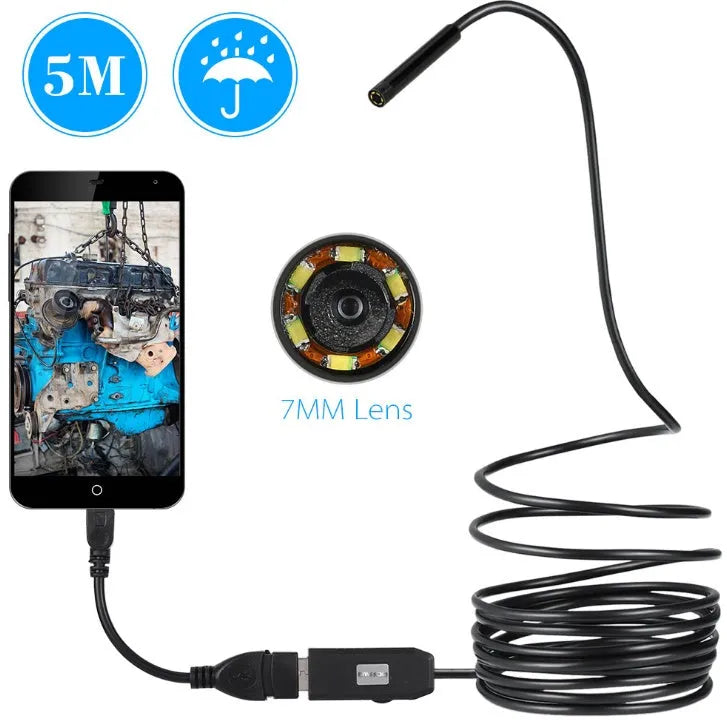 OWSOO USB endoscope with flexible cable, camera head, LED lights, hook, magnet, and mirror for phone and computer inspection.