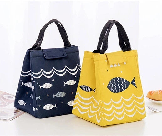 Insulated picnic mini handbag in yellow, light grey, dark grey, and navy blue with cartoon design